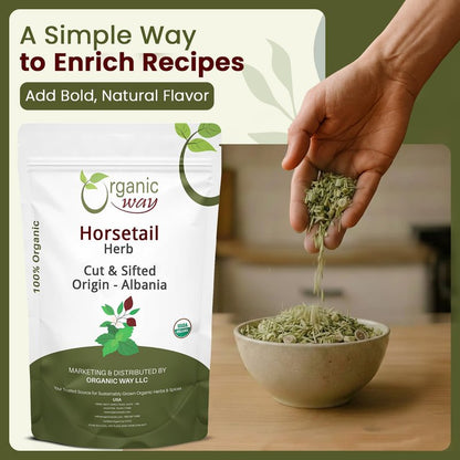 Organic Way Horsetail Herb Cut & Sifted (Equisetum arvense) - Herbal Tea | European Wild-Harvest | Kosher & USDA Certified | Vegan, Non-GMO & Gluten Free | 100% Raw from Albania (1LBS / 16Oz.)