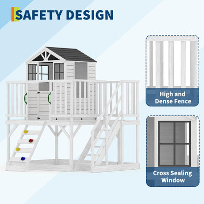 GarveeLife Outdoor Wooden Playhouse with Climbing Wall, 2 Story Wooden Playhouse with Step Ladder, Elevated Modern Cedar Playhouses Kids