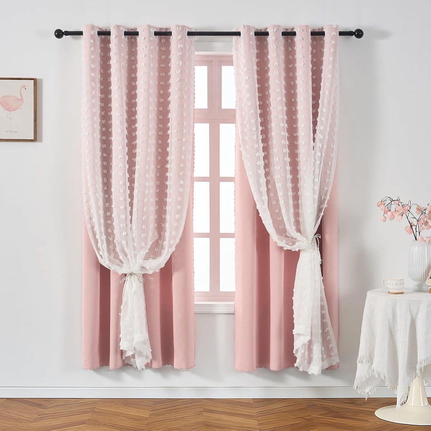 1 72 Inch Pink Blackout Curtain for Girls Bedroom Panel, Double Layered Curtain with Pom Pom White Sheer Overlay, Light