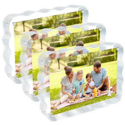 laapee 4x6 Acrylic Picture Frame 3 Pack, 10+10mm Thicker Magnetic Acrylic Frame, Double Sided Display, Anti-fading, Clear Block Scalloped Photo Frames Freestanding for Desktop Display
