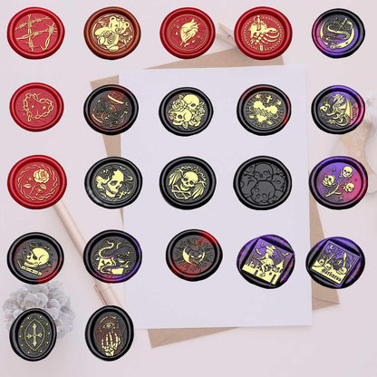 Dark Series Wax Stamp Kit- 22 Pieces Vintage Evil Sealing Wax Stamps with 2 Pieces Handles for Envelope Sealing,Halloween (Skulls, Bats, Witches, Dragons, Roses...)