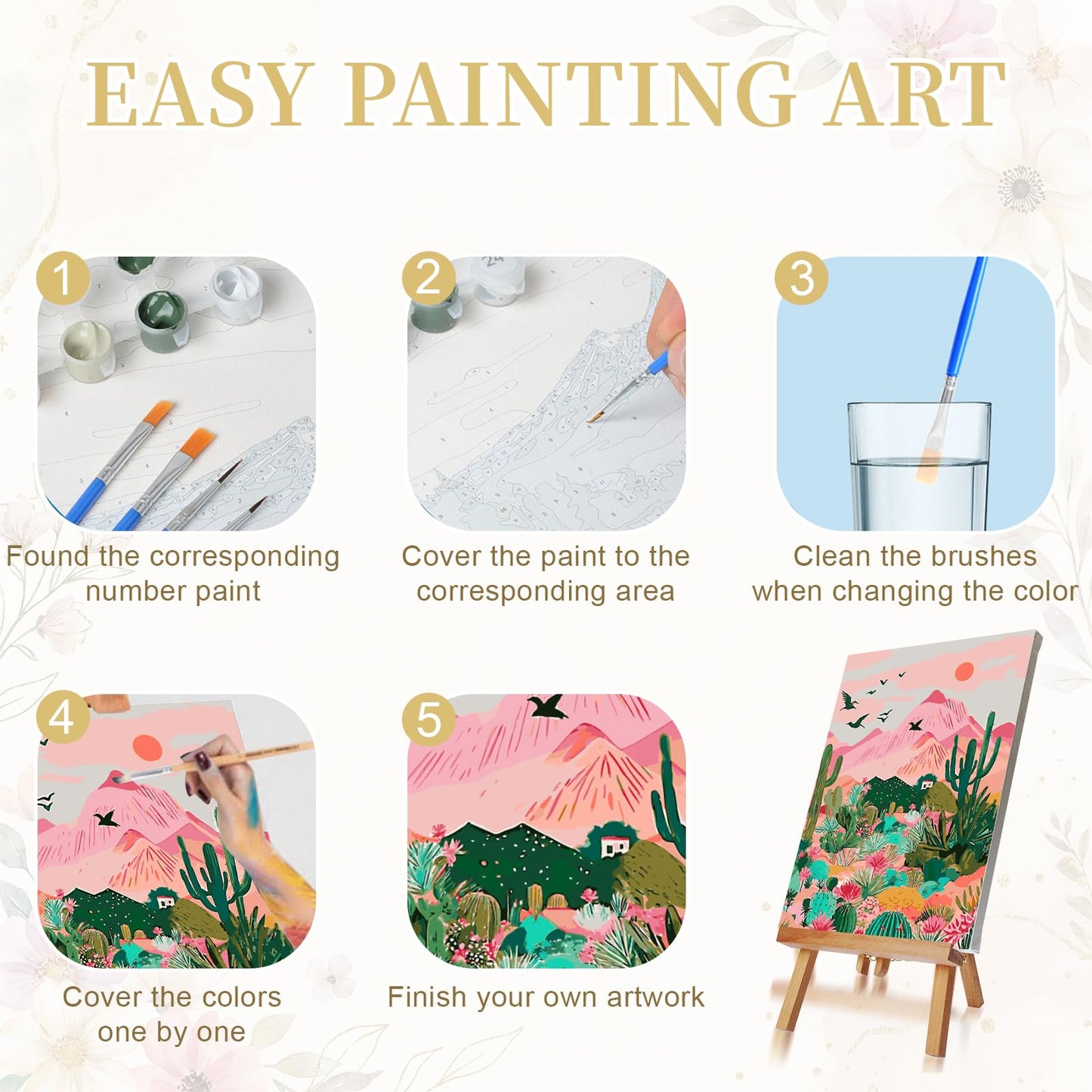 Ninonly Paint by Numbers Kit for Adults with Framed Canvas 4 Pack, Sunrise Paint by Number Arts Kits for Beginner with Wooden Easel, Acrylic Set, Brushes for Home Decor, 9 * 12 Inch