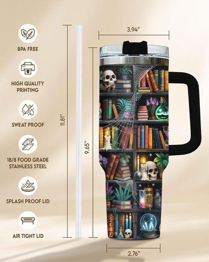 40oz Reading Bookshelf Tumbler With Handle And Straw, Insulated Stainless Steel Travel Cup, Bookish Water Bottle