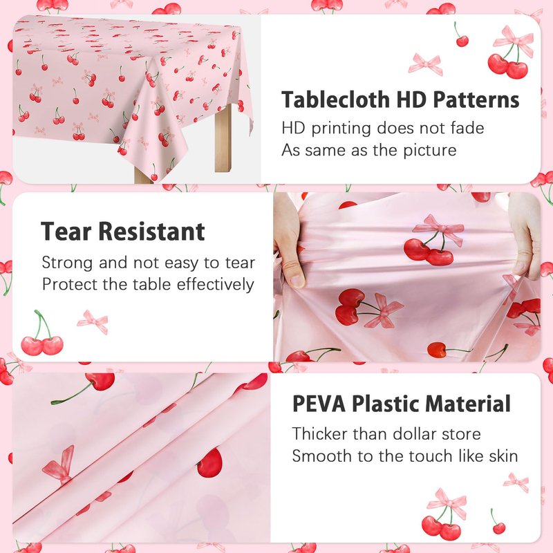 3pcs Cherry Birthday Decorations Tablecloths, Large Size Cherry and Bows Birthday Decorations Table Cloth for Cherries Themed Party, 54 x 108 Inch