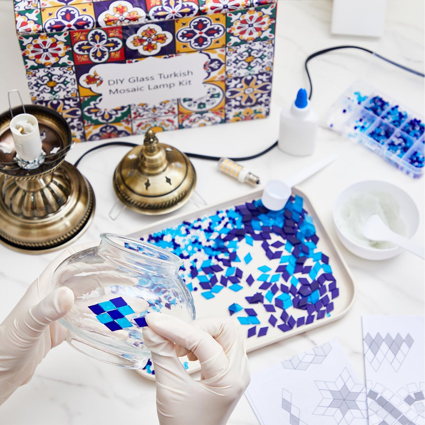 Baquler Turkish Mosaic Lamp Kit DIY Stained Glass Decorative Table Bedside Night Light Tabletop Bohemian Morrocan Lamp Crfat Kit for Living Room Decorations, Make Your Own(Blue)