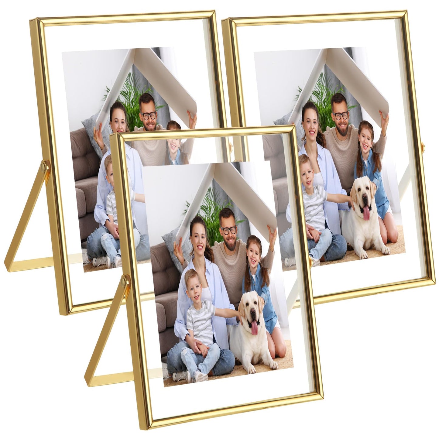 WOPPLXY 5 "x 7" Gold Floating Frames Set of 3, Pressed Glass Floating Frames, Vertical Adjustable Tabletop/Shelf Photo Frame, Gold Floating Picture Frame for 4 x 6,3 x 5 Photo Tabletop Display