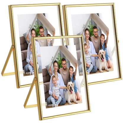 WOPPLXY 5 "x 7" Gold Floating Frames Set of 3, Pressed Glass Floating Frames, Vertical Adjustable Tabletop/Shelf Photo Frame, Gold Floating Picture Frame for 4 x 6,3 x 5 Photo Tabletop Display