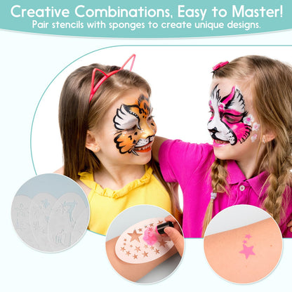 67-Piece Deluxe Face Painting brushes and Stencils Kit - Safe Non-Toxic Tools with Brushes, Sponges, Reusable Stencils, Stickers, Book & More, Perfect for Carnival, Halloween & Parties