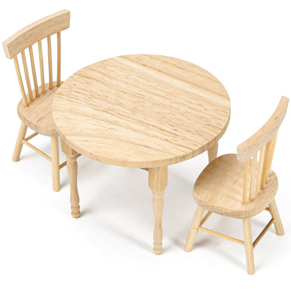 1/12 Miniature Dollhouse Round Table and 2 Chairs Dining Set, Mini Wooden Unpainted Burlywood Barbie Kitchen Furniture Accessories
