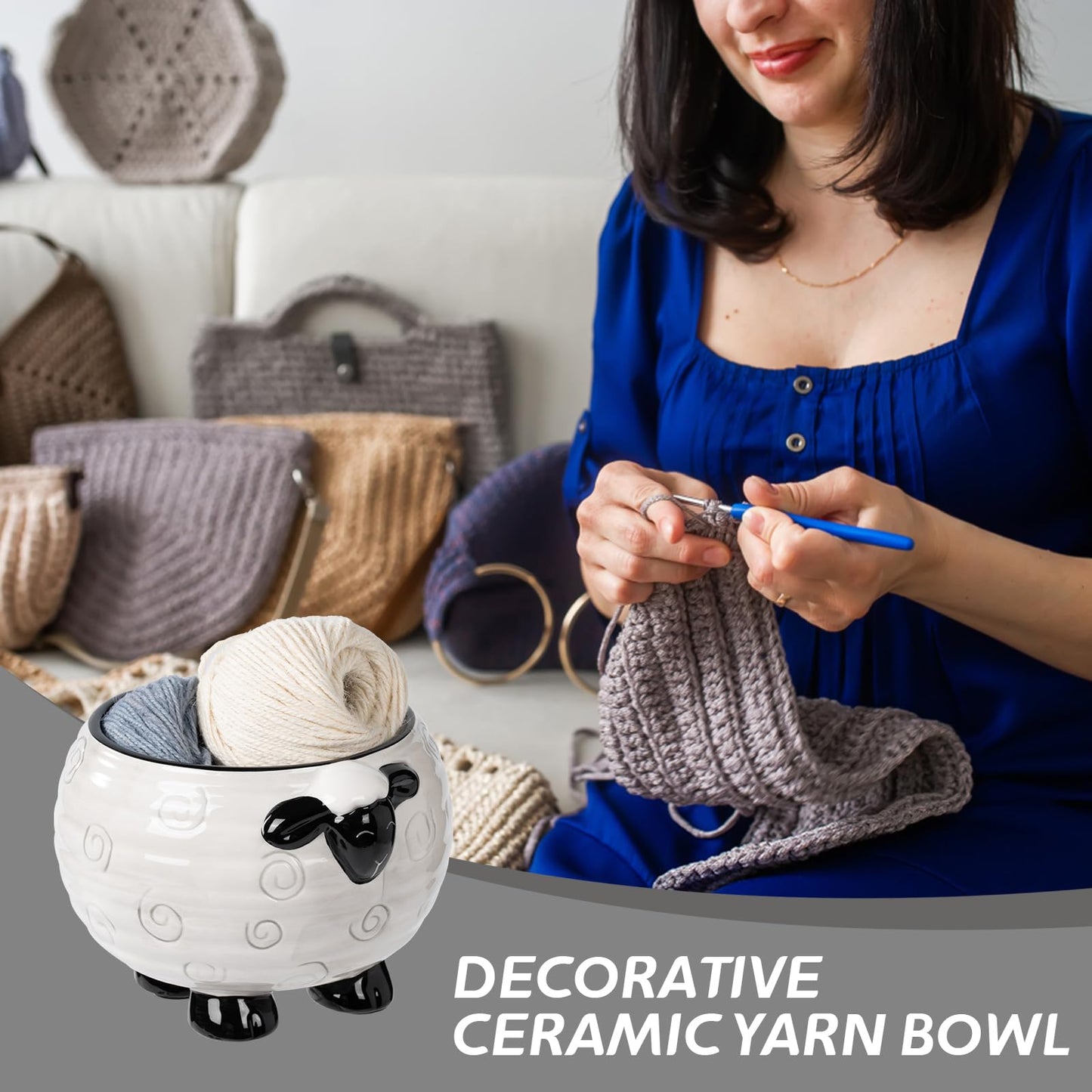 Surlama Yarn Bowl for Crochet Large Sheep Shaped Ceramic Yarn Holder Crochet Bowl Knitting Bowl, 6 Inch Wide x 4 Inch High