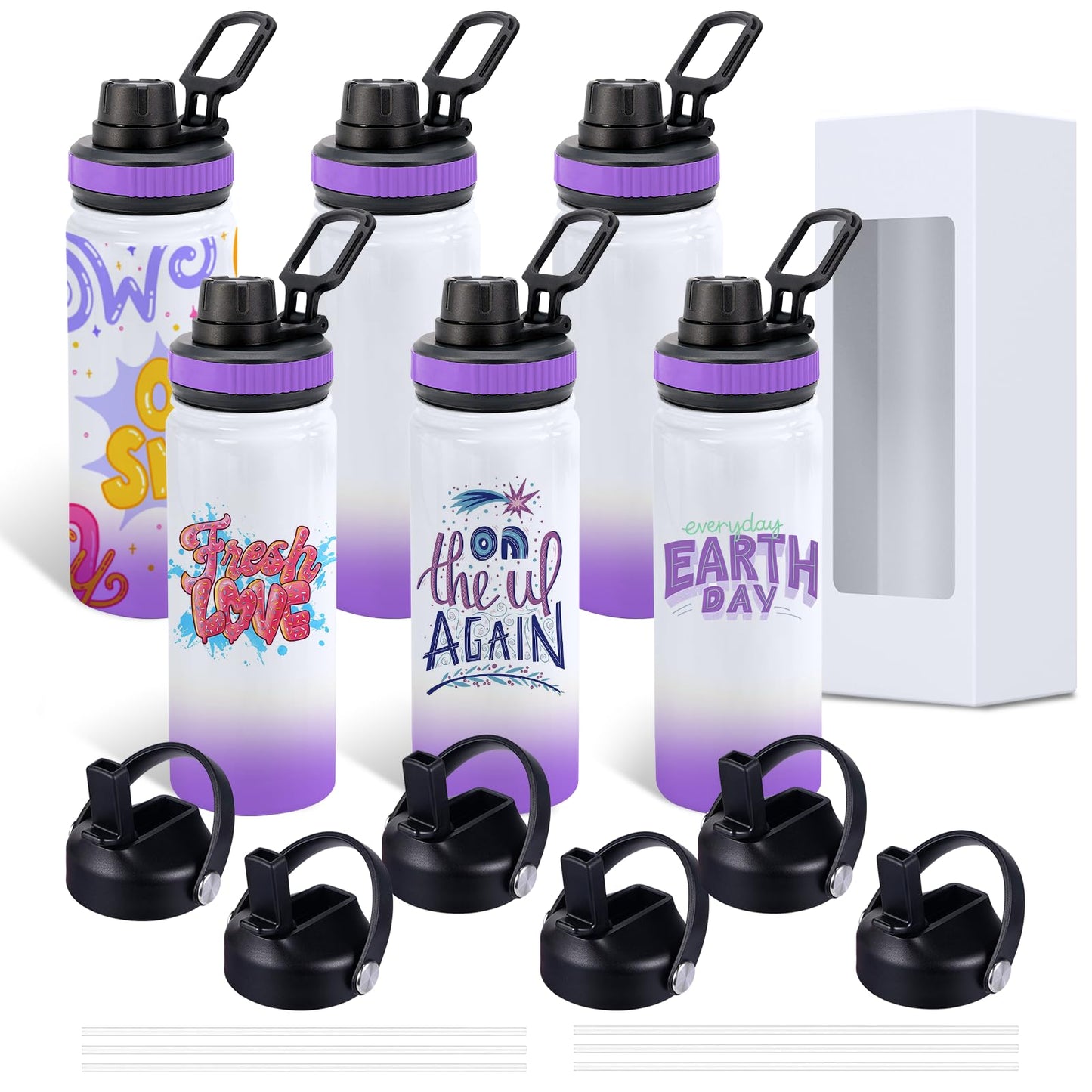 CoolSub Sublimation Sports Water Bottle Blanks, 20oz Sublimation Tumblers Double Wall Stainless Steel Sublimation Cups with Wide Mouth Lid and Straw 6 Packs Purple