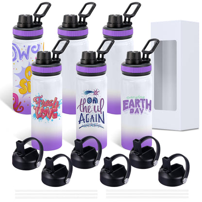 CoolSub Sublimation Sports Water Bottle Blanks, 20oz Sublimation Tumblers Double Wall Stainless Steel Sublimation Cups with Wide Mouth Lid and Straw 6 Packs Purple