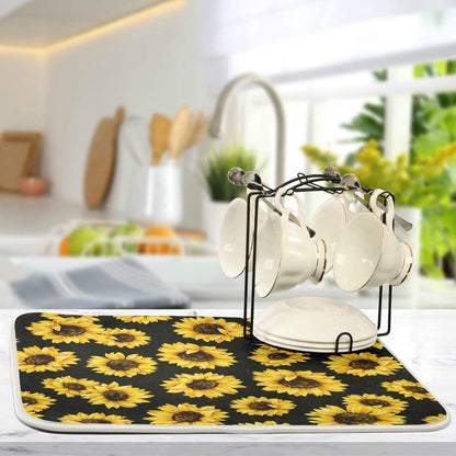 Yellow Sunflower Dish Drying Mat, 18x24 inch Floral Kitchen Counter Protector for Dishes and Bottles