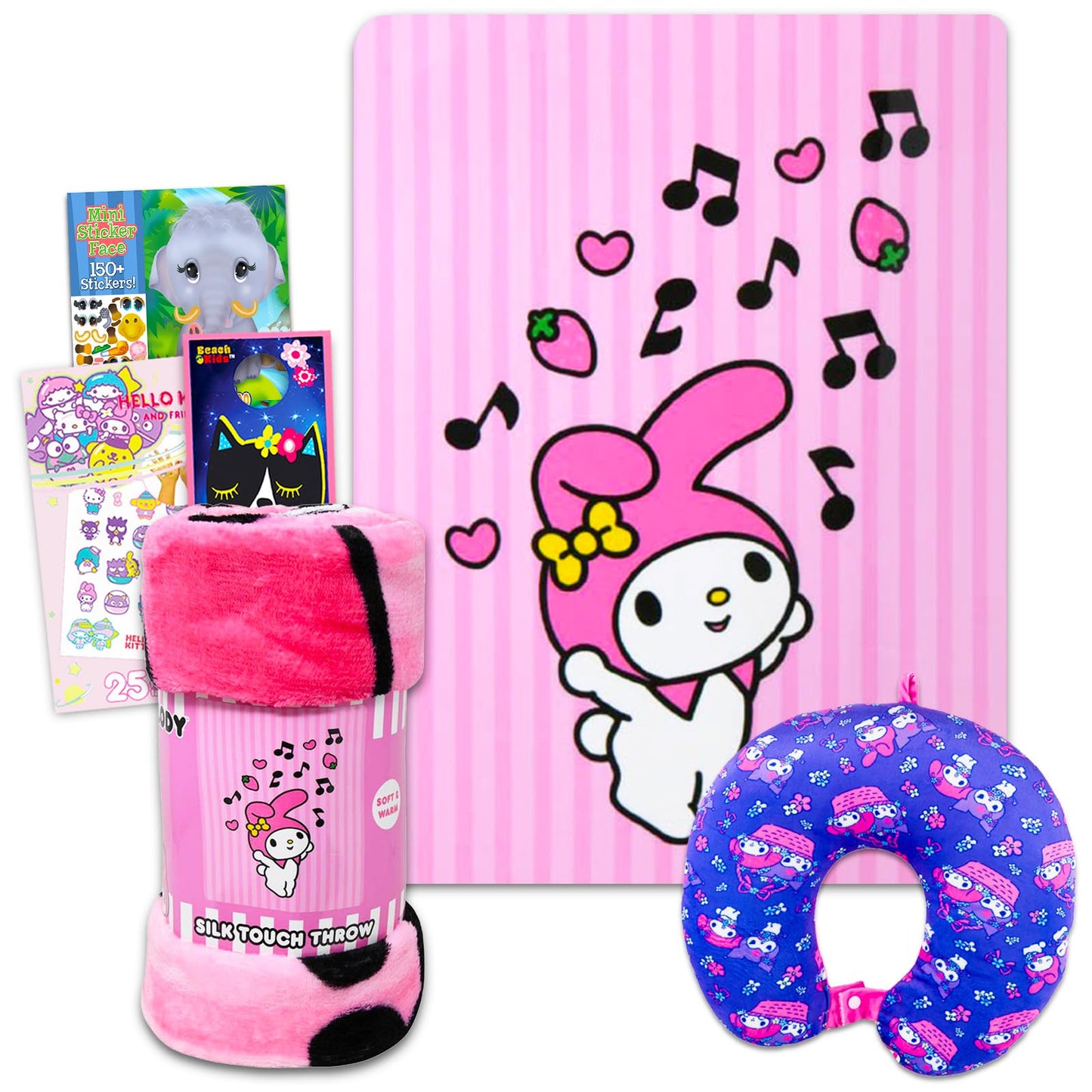 Hello Kitty and Friends Neck Pillow and Blanket Set - Bundle with Hello Kitty Travel Neck Pillow, My Melody Fleece Blanket, Tattoos, Sticker Activity Book, More | Hello Kitty Travel Accessories