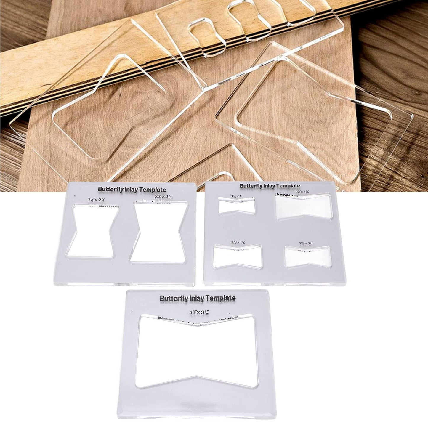 3Pcs Different Butterfly Inlay Template Kit,Dimension Reference Figure 2, Acrylic Bowtie Router Jig Templates for Woodworking, Furniture Repair & Reinforcement with Transparent Scale Markers