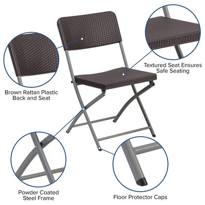 Flash Furniture 2 Pack HERCULES Series Brown Rattan Plastic Folding Chair with Gray Frame