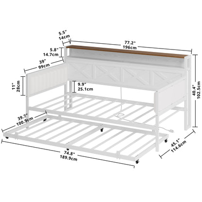 IRONCK Daybed with Trundle, Sturdy Metal Twin Bed Frame with X-Shaped Frame, Upholstered Farmhouse Daybed with Charging Station for Living Room, Bedroom, and Guest Room, White/Walnut