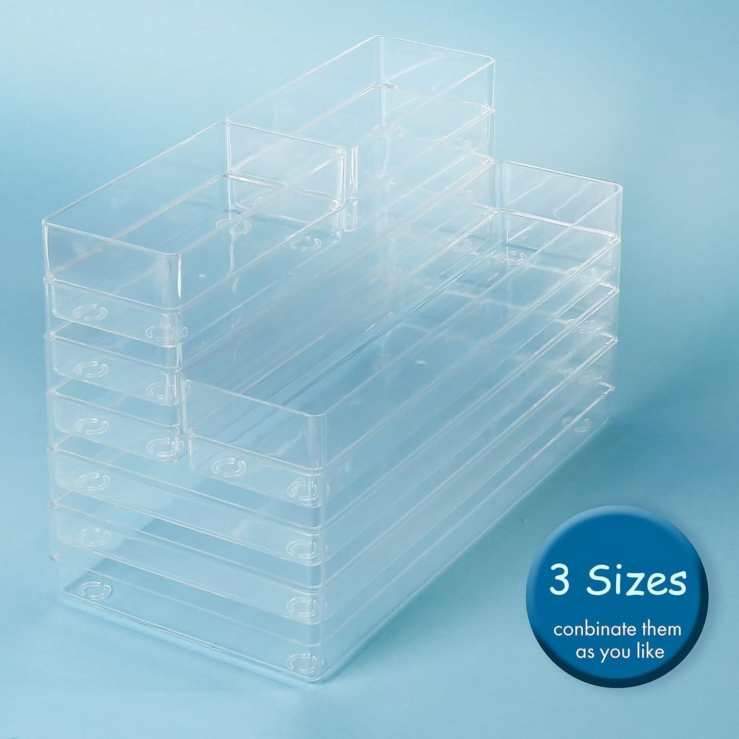 LotFancy Clear Drawer Organizers, Set of 3, 12” x 3” x 2” Plastic Storage Bins for Desk, Bathroom, and Makeup
