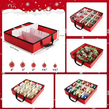 EverMerry Christmas Ornament Storage Box - Large Sturdy Container with Adjustable Dividers & 8 Trays (Red)