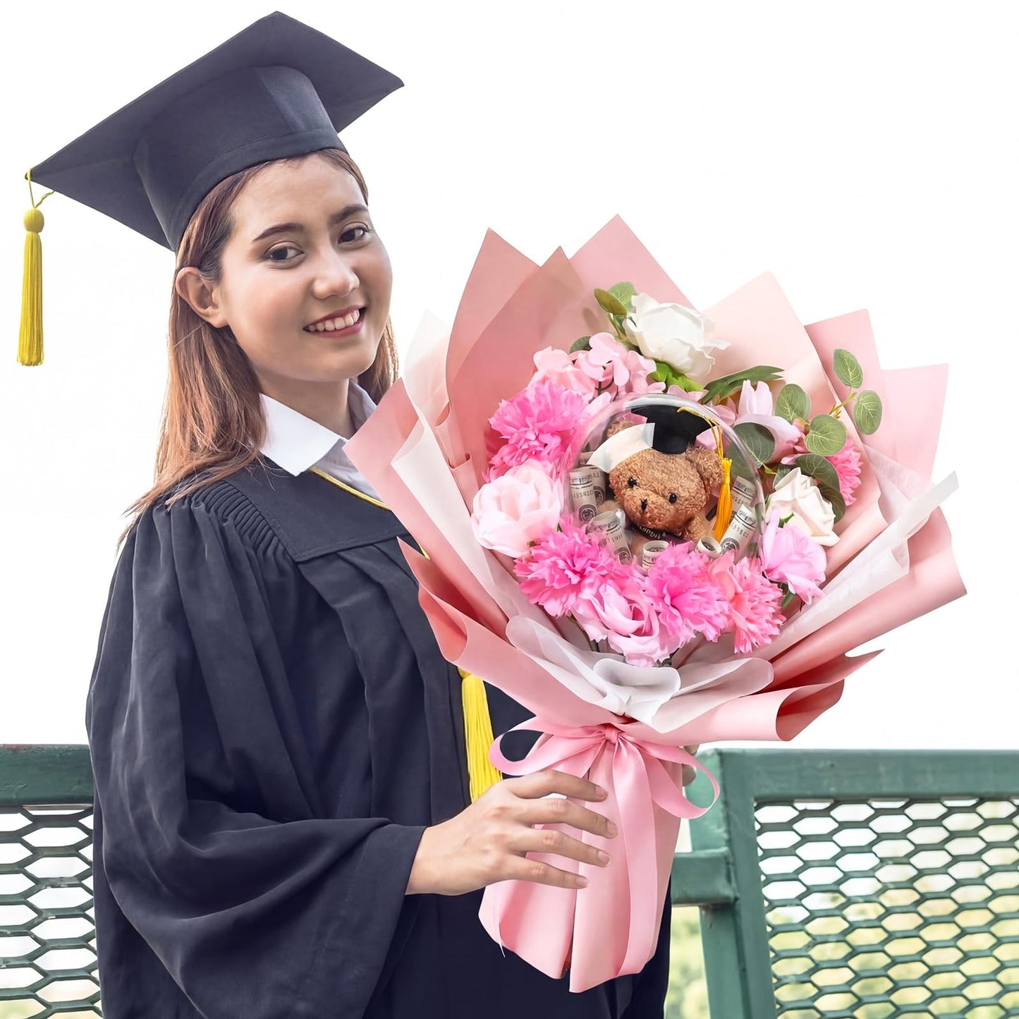 Soulchen Graduation Money Flower Bouquet Kit for DIY Handmade Graduations Balloon Bouquet Artificial Flower Gift for School, College Grad Ceremony for Her Him Grad Party Gifts Favors(Cute,Pink)