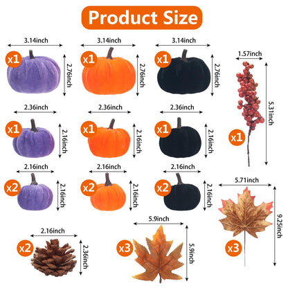 GHGMAO 21 PCS Pumpkins Decor Set, 3 Sizes Fake Velvet Pumpkin, Black Purple Orange Small Foam Pumpkin, Autumn Table Centerpiece for Thanksgiving Farmhouse Fall Harvest Halloween Party Decorations