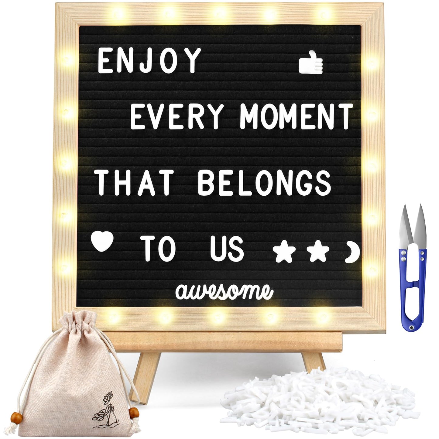 Black Felt Letter Board with Lights (10*10), 340 Letters Built-in LED Lights -Message Board Adjustable Stand, for Menus, Pregnancy Announcement, Baby Announcement Signs, Weddings, and Party Planning