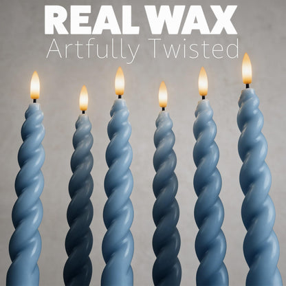 West Ivory Full Twisted Spiral Flameless LED Taper Candles – Dusty Blue, Set of 2 – 2/4/6/8-Hr Timer (24-Hr Memory), Remote, Dimmable, Bottom On/Off Button, Flicker/Steady, Battery Operated