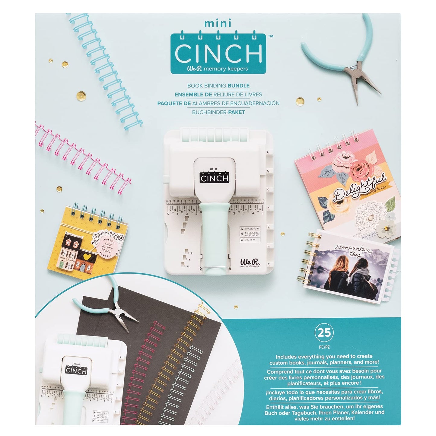 We R Memory Keepers Mini Cinch Bundle Includes Book Binding Machine, 16 Wires, Wire Cutters, and Six Black Bookboards, Easy to Use Design, Ruler, Wire or Spiral Coils, DIY Books, Notebooks, Calendars
