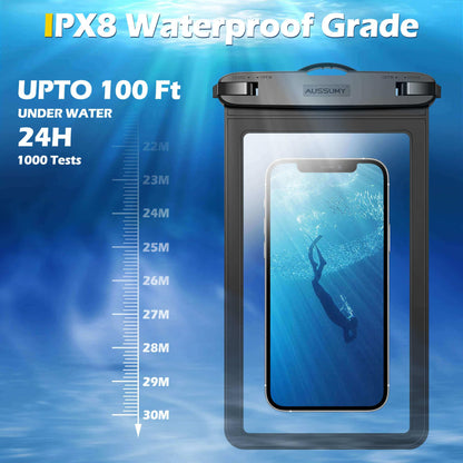 4 Pack 10.5“ Large Waterproof Phone Pouch - Underwater Clear Cell Holder - Universal Water Proof Dry Bag with Neck Lanyard for iPhone 16 Pro Max Samsung Galaxy with Heavy Case for Beach Swimming Pool