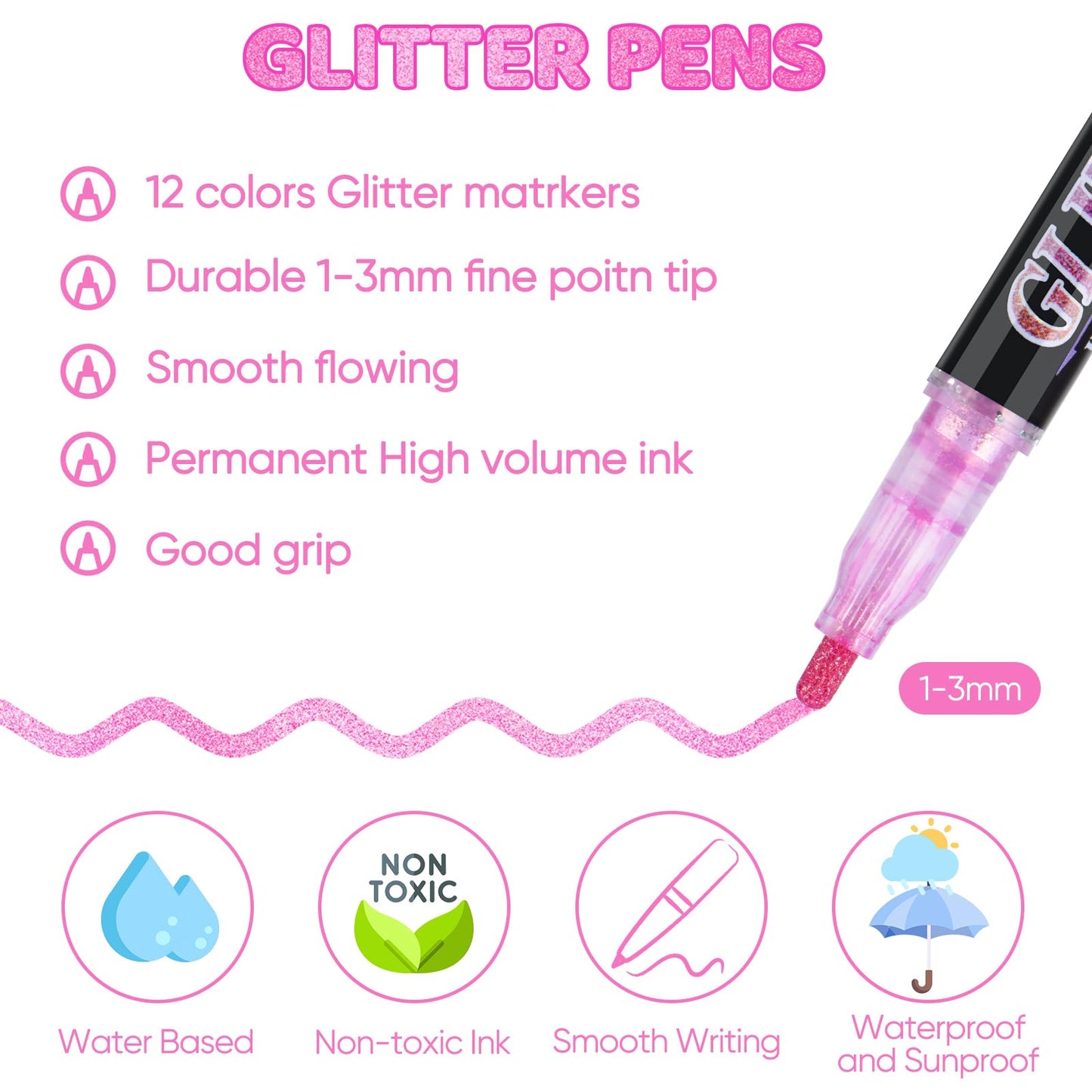 OLINGYOU Glitter Marker Pens,36 Colors Self-Shimmer Metallic Markers,Glitter Paint Pens DIY Crafts Greeting Birthday Cards, Making Poster,Album,Scrapbooking,Wood，Mugs