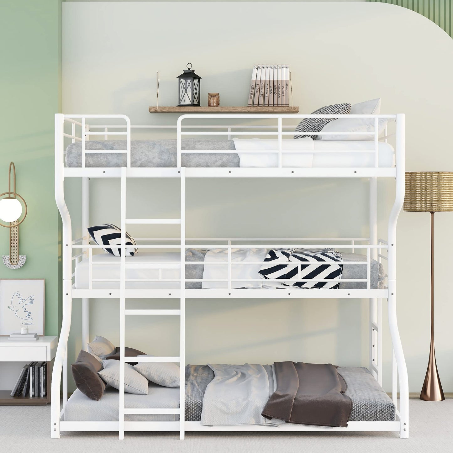 Merax Full XL Over Twin XL Over Queen Size Metal Triple Bunk Bed Frame with Ladder for Kids, Industrial Style Bunk Bed, Easy Assembly, No Box Spring Needed, for Kid's Room or Dormitory, White