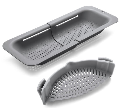 Adjustable Over the Sink Colander Strainer, Silicone Clip On Strainer for Pots Strainers and Plastic Colanders Drainer Basket for Food Pasta Vegetables Kitchen, Extendable 14.5"-19.5", Green