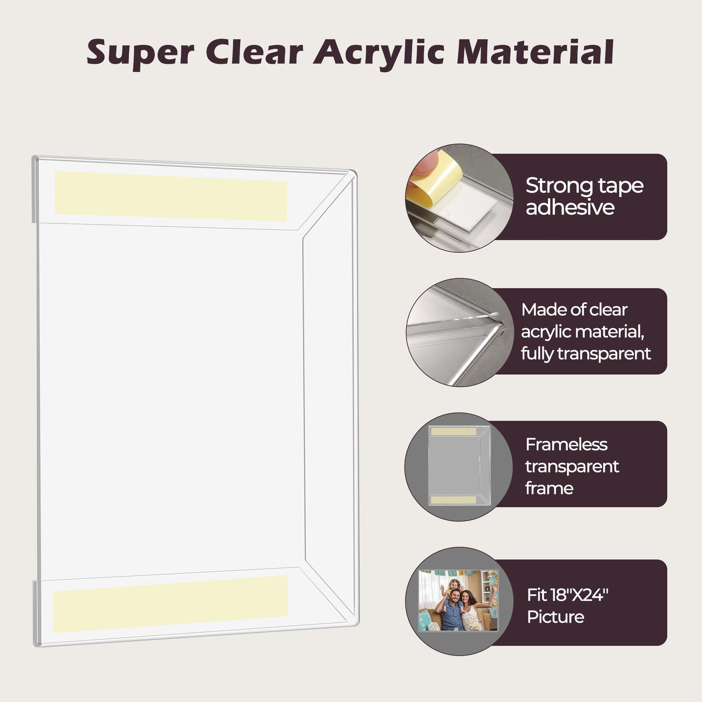 Wbtran 18x 24 inch Acrylic Picture Frame, Horizontal/Vertical Clear Photo Frame for Wall with Tape, No Drilling Floating Hanging Frameless Picture Frame, Wall Mount for Home, School, Office