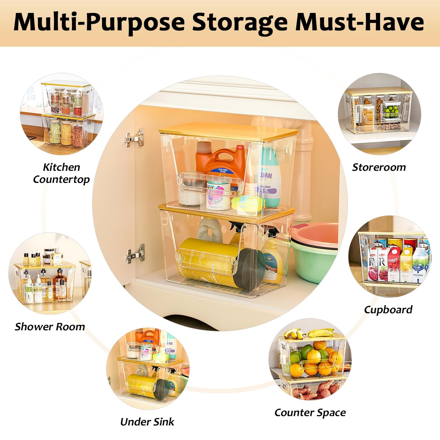 Delamu 2 Set Pantry Organizers and Storage, Trash Bag Holder Under Sink Organizer for 4-13 Gal Bags, Trash Bag Dispenser with Bamboo Top for Onion, Potato, Garlic, Clear (11-7/32"L*7" W*7-1/8"H)