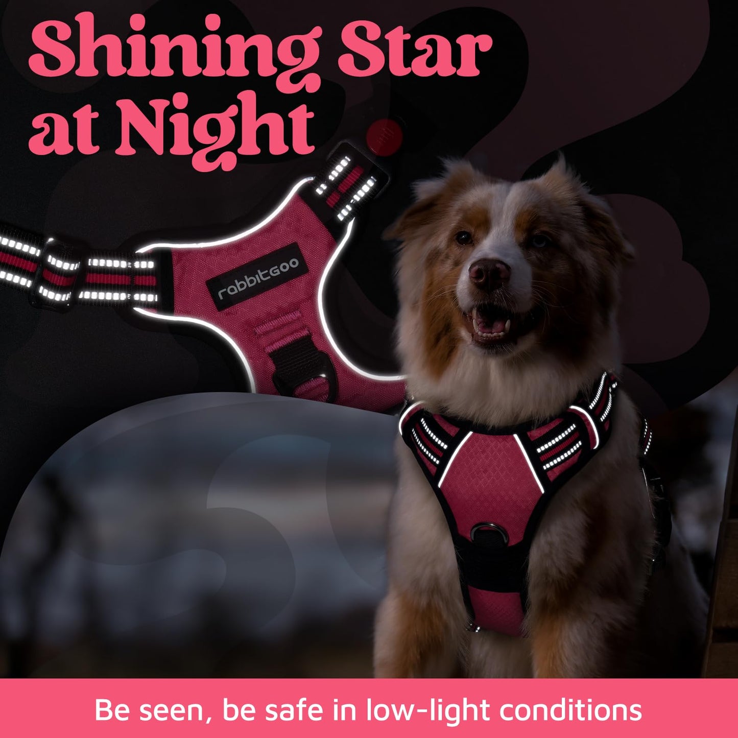 rabbitgoo Dog Harness for Large Dogs, No Pull Pet Vest with 3 Buckles, Adjustable Soft Padded Pet Harness with Easy Control Handle and Reflective Strips, Pink, L