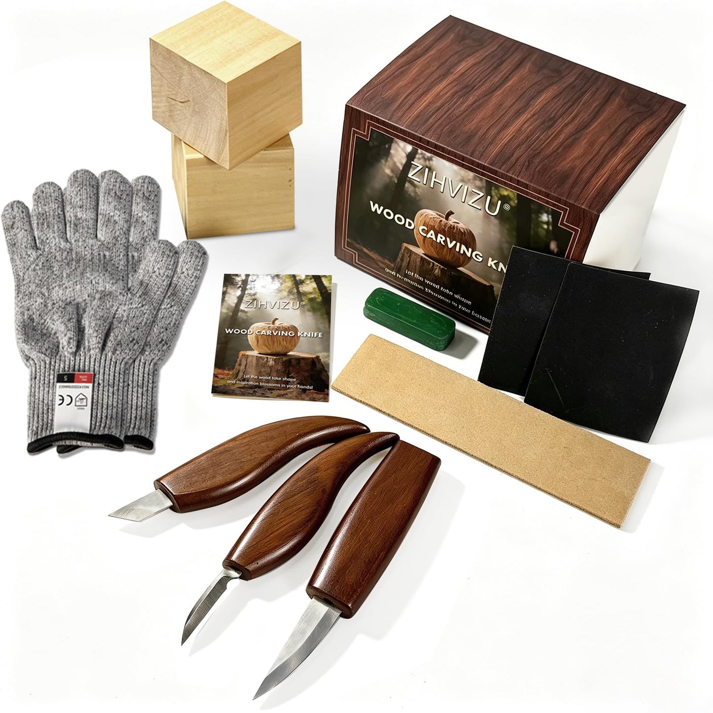 ZIHVIZU Woodcarving Tool Set,Including Whittling Knives, Practice Wood Blocks, Safety Gloves and a Sharpener. The Knives are Sharp and Durable,Specially Designed for DIY woodcarving Beginners