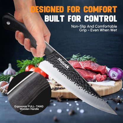 Huusk Chef Knife Japanese Kitchen - Hand Forged Viking Knife for Meat Cutting - Ideal Kitchen Knife Made From a Single Piece of High Carbon Steel Christmas Gift for Men and Women