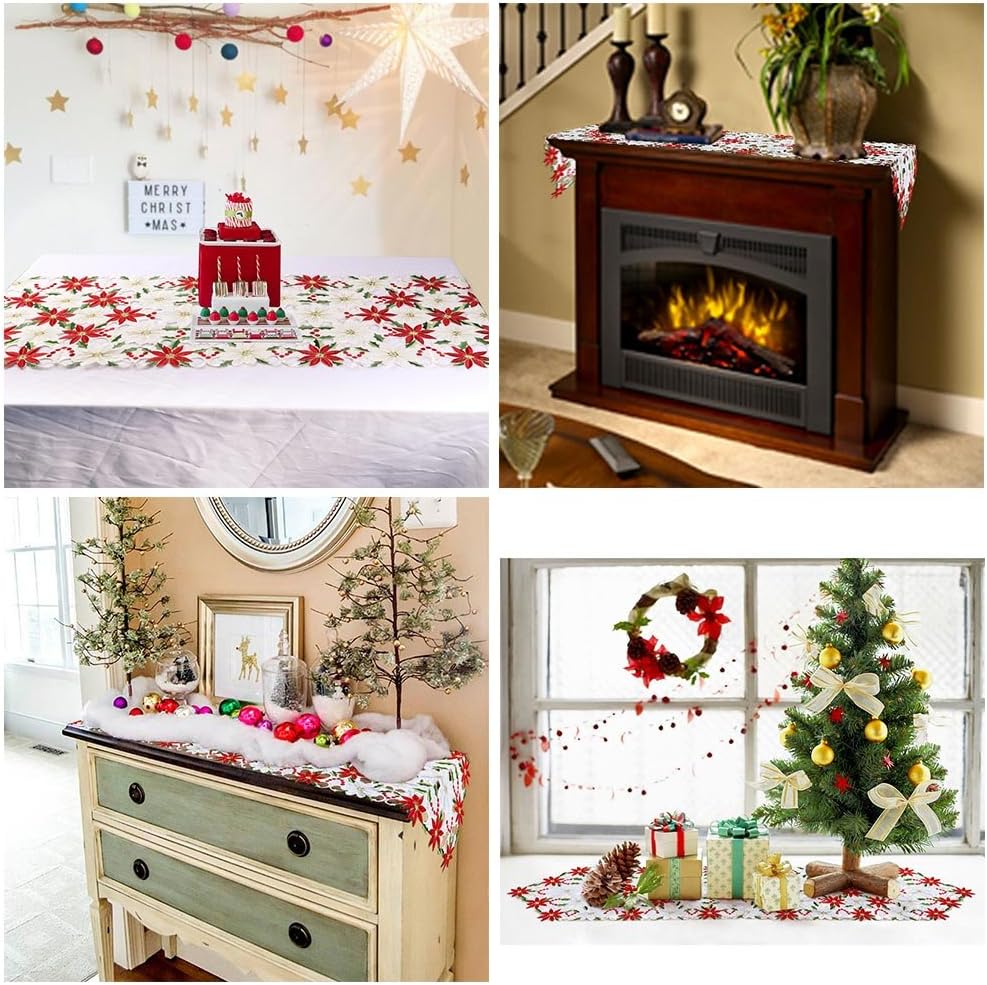 OurWarm Christmas Table Runners, Embroidered Poinsettia Holly Leaf Table Linens, 15 x 70 Inch