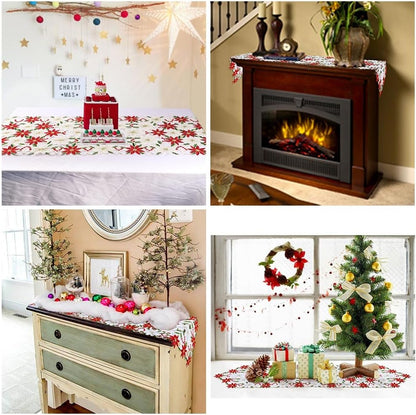 OurWarm Christmas Table Runners, Embroidered Poinsettia Holly Leaf Table Linens, 15 x 70 Inch