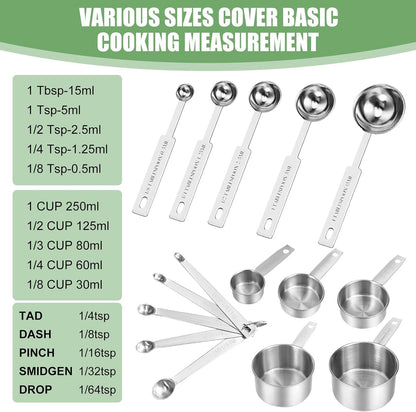 Measuring Cups and Spoons Set of 16, 5 Nesting Metal Cups, 5 Measuring Spoons, 1 Leveler, 5 Mini Spoons for Cooking.