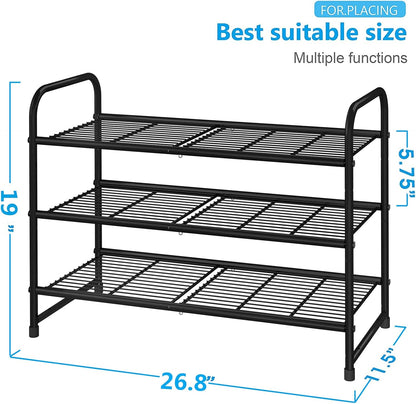 Simple Trending 3-Tier Stackable Shoe Rack - Expandable & Adjustable Storage Organizer | Black Wire Grid