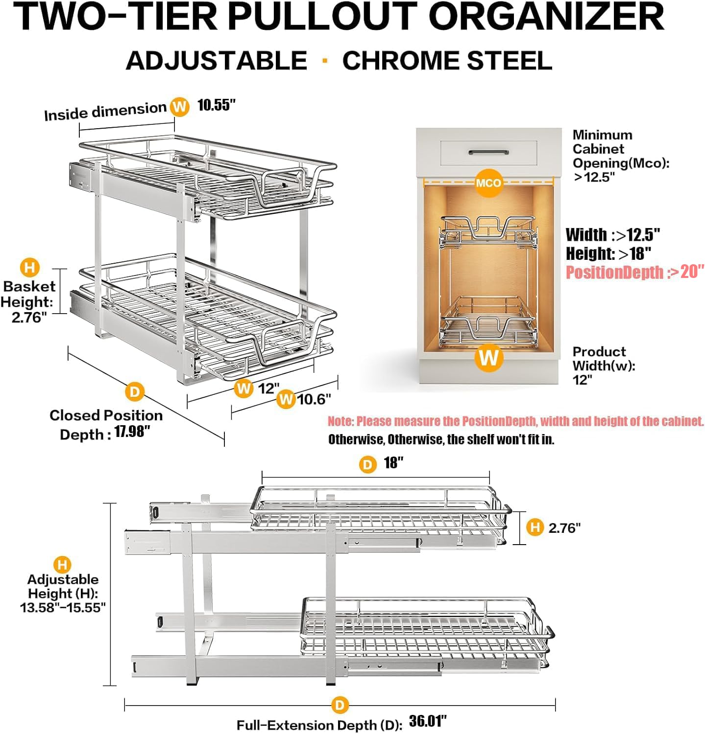 QUYUWU 2-Tier Kitchen Cabinet,Pull Out Cabinet Organizer,Shelf and Drawer Organizer Slide Out Pantry Storaqe Basket in Multiple Sizes (12" W x21 D)