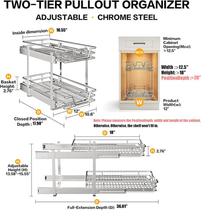 QUYUWU 2-Tier Kitchen Cabinet,Pull Out Cabinet Organizer,Shelf and Drawer Organizer Slide Out Pantry Storaqe Basket in Multiple Sizes (12" W x21 D)