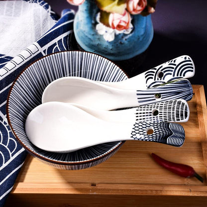 Japanese Soup Spoon Set of 4 - Small Black Style Soup Spoons for Ramen, Wonton, Oat Salad