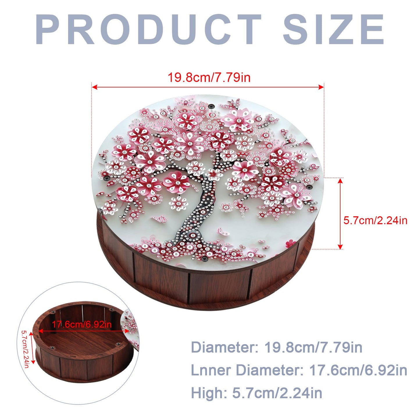 antor 5D Diamond Painting Snack Storage Box – Cherry Blossom Tree Design Round Wooden Container with Lid – Floral Elegant Crystal Rhinestone Art Craft Gift for Adults