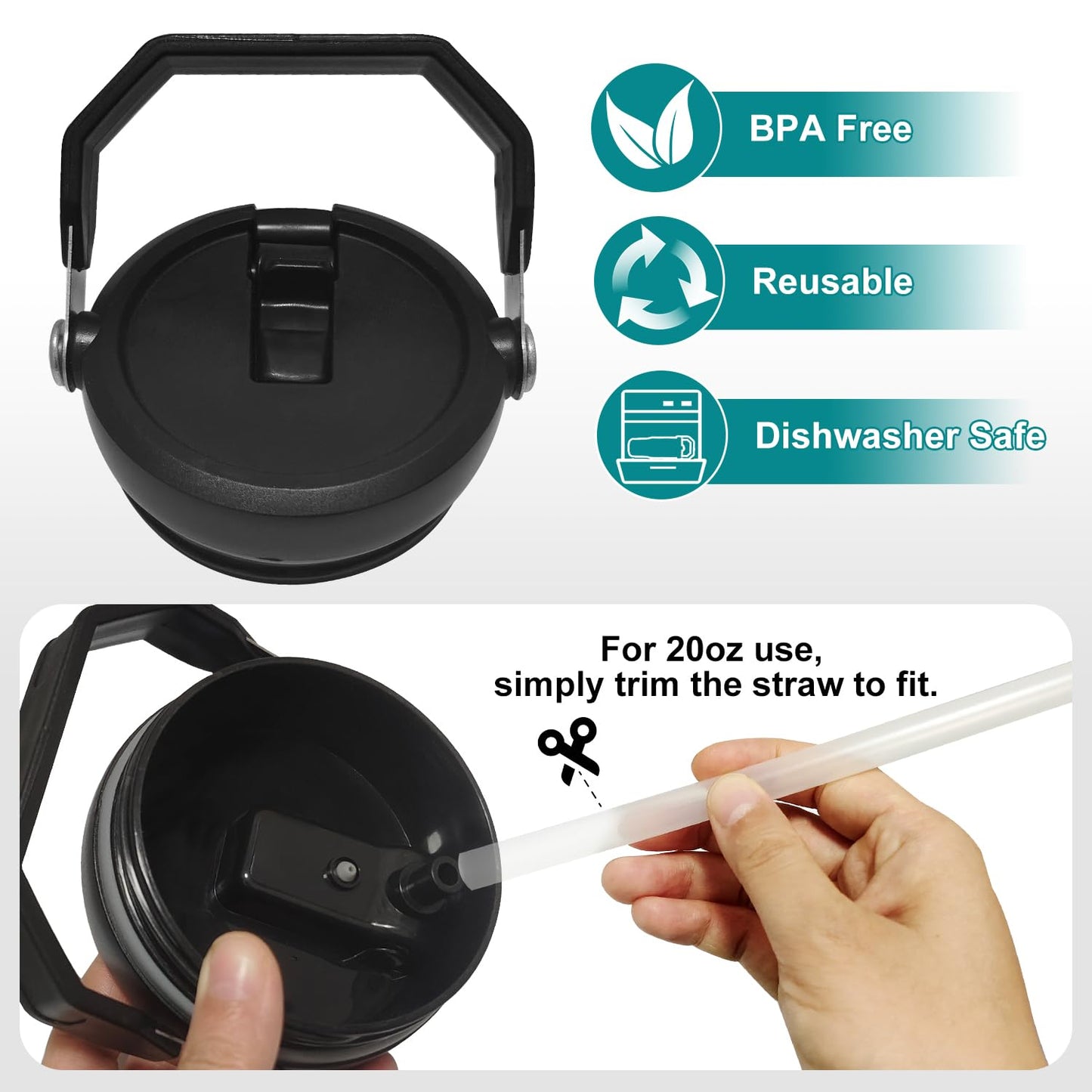 2-Pack Replacement Flip Straw Lids for Stanley IceFlow Tumbler 30oz and 20oz, Spill-Proof Cap with 2 Reusable Straws & 2 Cleaning Brushes, BPA-Free, Easy to Clean(Black)