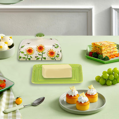 Butter Dish with Lid for Countertop, Sunflower Butter Keeper Holder, 7.5”x4.3” Large Ceramic Butter Tray Storage Sunflower Decor Valentine's Day Mother's Day Gifts