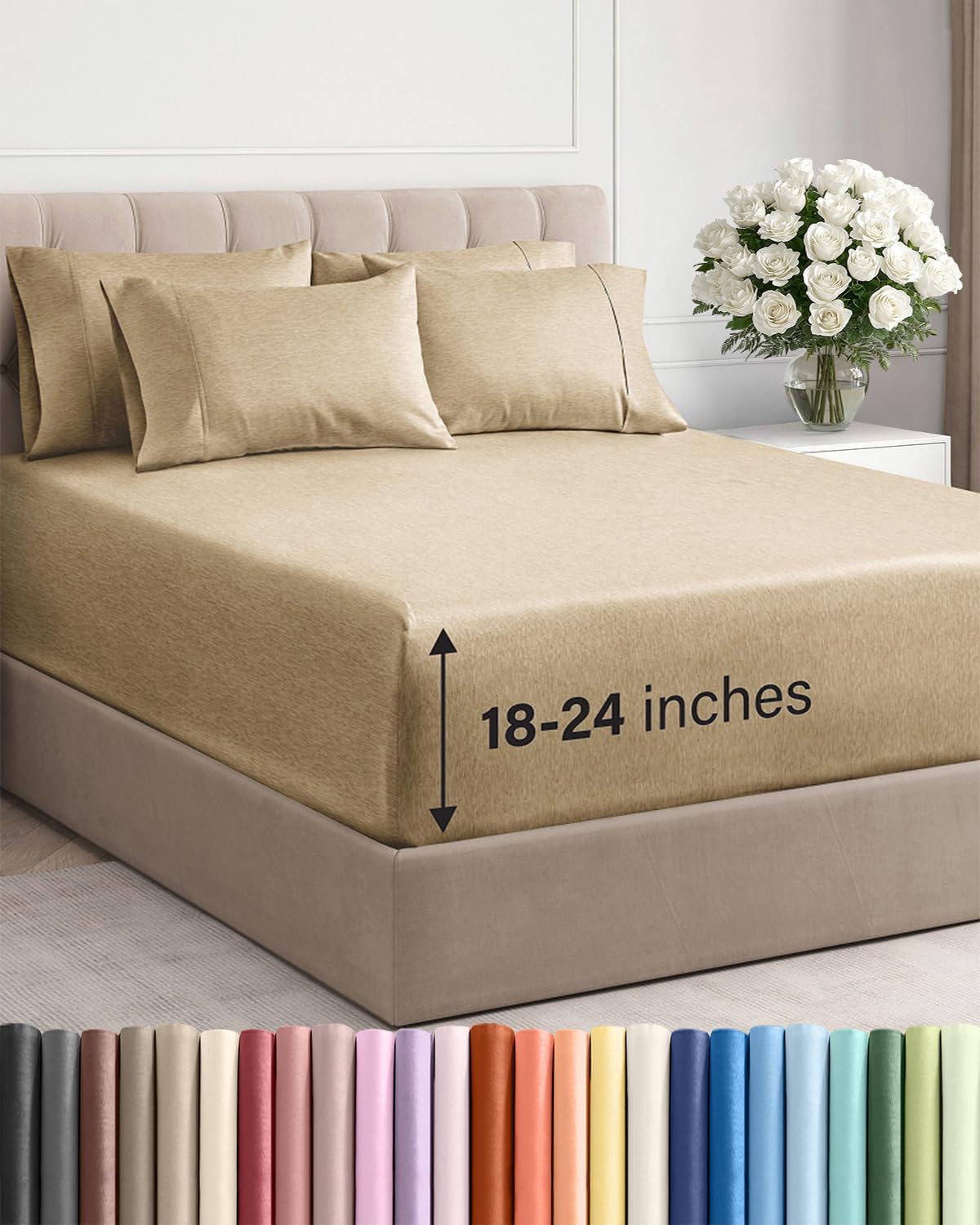 Skiennix Extra Deep King Sheet Set - 6-Piece Breathable Cooling Bedding - Soft, Wrinkle-Free Heathered Tan