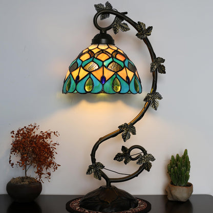 ZYLINX Tiffany Lamp Stained Glass Style Table Lamp 8 x 10 x 21” Peacock Feather Bedside Reading Light with Arched Metal Leaf Base for Desk Bedroom Living Room Study