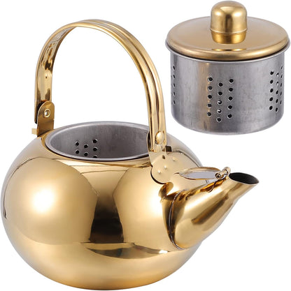 Hemoton Stainless Steel Tea Pot with Infuser, 1L/34 OZ Stovetop Kettle for Loose Leaf Tea, Golden Camping